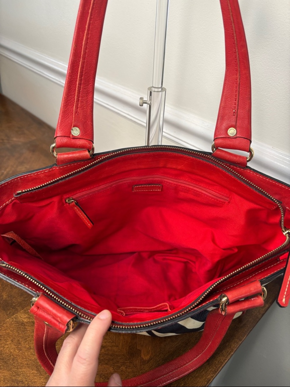 Dooney & Bourke Red Leather Trim Zebra-Print Tote Bag - Picture 10 of 16